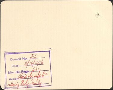 The verso side of an invitation to the laying of the foundation stone for St Paul's Anglican Church in Fairfield. The ceremony is on the 8th of April, 1916 at 3:15 PM