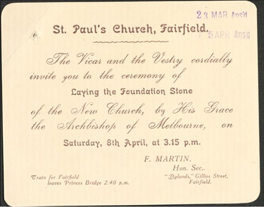 Invitation to the laying of the foundation stone for St Paul's Anglican Church in Fairfield. The ceremony is on the 8th of April, 1916 at 3:15 PM