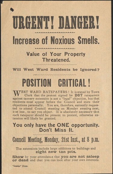 Image of a fliers protesting Noxious smells protest meeting. Circa 1910s