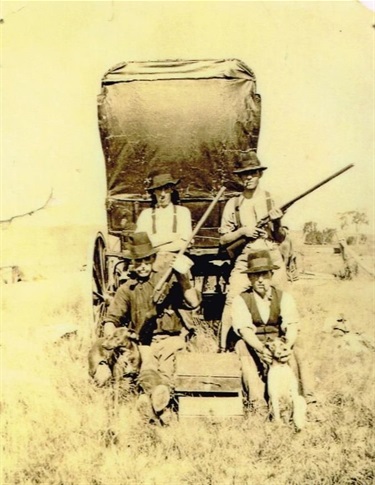 Charles Henry Webber (front left) and friends hunting rabbits at Melton about 1915- [LHRN5437-1]