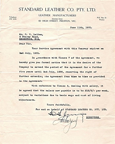 Work reference for Clarence Latham, dated 11th June 1951, from the Standard Leather Company, tanners of High Street Preston [LHRN5437-24]