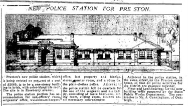 An architectural design of the Preston Police station in 1931