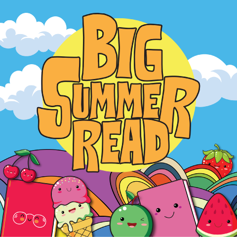 cartoon logo of big summer read with characters at the bottom with a blue sky and white clouds in the background