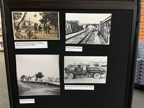 Four old black and white and sepia photographs attached to a black background. The photographs depict old trains and railway lines.