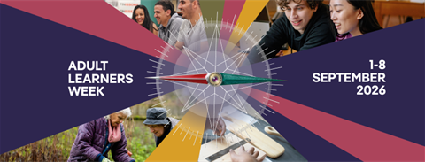 Adult Learners Week 2026 banner with colourful compass graphic, photos of adult learners and the dates 1-8 September 2026